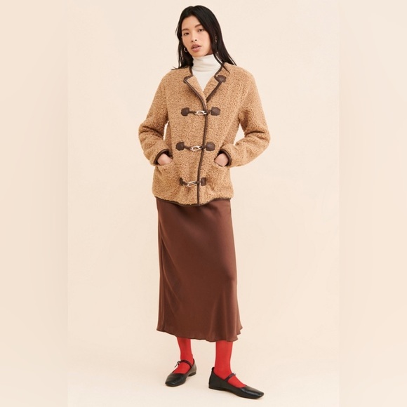 Avec Les Filles Faux Fur Toggle Coat Sherpa Shearling Brown - Picture 16 of 16